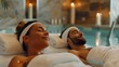A medium shot of a wealthy couple relaxing in their private spa,  indulging in massages and facials for ultimate relaxation