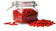 A glass jar overflows with vibrant red candy flakes, enticing and sweet