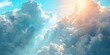 Photo of a radiant sky with sun rays breaking through clouds symbolizing hope and spirituality. Concept Sunrise and Inspiration