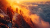 Fototapeta Przestrzenne - Hikers facing sunset above the clouds. Generative AI