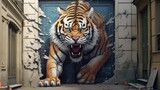 Fototapeta Przestrzenne - 3D tiger mural breaking through the wall. Generative AI