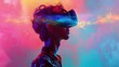 A person is immersed in a vibrant virtual reality experience
