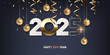 Happy new year 2025. White paper and golden numbers with Christmas decoration and confetti on a dark blue background. Holiday greeting card design.