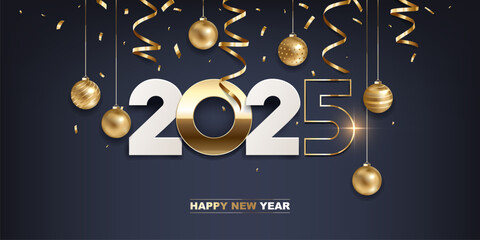 Wall Mural - Happy new year 2025. White paper and golden numbers with Christmas decoration and confetti on a dark blue background. Holiday greeting card design.