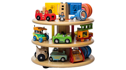 a wooden toy shelf overflowing with an array of colorful toys, creating a whimsical and nostalgic di