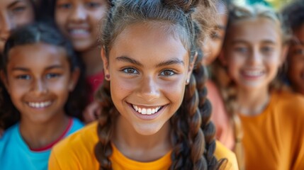 A group of joyful young girls with bright smiles, showcasing friendship and happiness in a vibrant community setting.