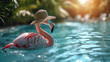 flamingo with straw hat on blue water background, summer concept banner. pink flamngo bird on blue clear water.