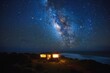 Solitary seaside cabin is illuminated under a breathtaking starry sky with the Milky Way clearly visible