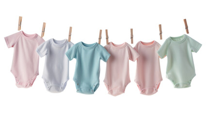 collection of colorful baby onesies hanging in a row on a clothesline