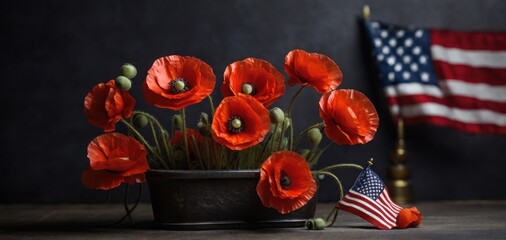 Wall Mural - American flag and a poppy flowers with Memorial Day Remember and Honor background
