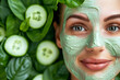 Woman with cucumber facial mask, surrounded by fresh greens. Natural beauty treatment. Health and vitality, rejuvenating spa experience. Organic wellness, refreshing self-care