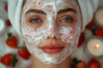 Woman with strawberry exfoliation facial mask. Nourishing spa treatment with natural berries for skin health. Luxurious care, organic wellness. Antioxidant-rich, vitamin boost