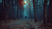 Close-up Camera Shot Inside Haunted Forest Horror Scene With Ghostly Figures Between Trees