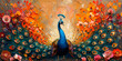 Peacock with colorful feathers on the background. Digital painting.