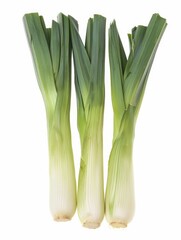 Wall Mural - Three green onions are displayed on a white background. The onions are fresh and ready to be used in a meal