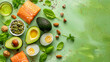 keto diet concept salmon avocado eggs nuts and see
