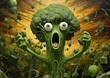 A personified broccoli appears to be screaming with wide, startled eyes and an open mouth. It rises dramatically, surrounded by a chaotic mix of green splashes and vegetable-like shapes. AI generated.