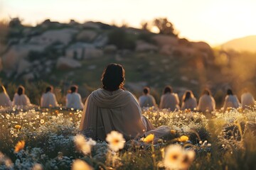 Wall Mural - Jesus delivering the Sermon on the Mount surrounded by nature sharing words of love forgiveness and divine wisdom. Concept Nature, Jesus, Sermon on the Mount, Love, Forgiveness