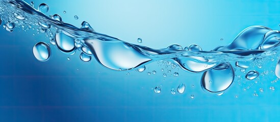 Wall Mural - A macro photograph showcasing a water wave with bubbles suspended in a transparent liquid against an azure blue background, resembling an electric blue sky