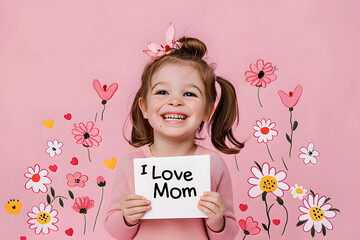 Wall Mural - Pastel pink background, cute flying flowers, smiling child holding letter, I Love Mom
