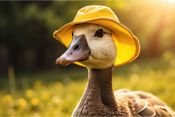 A cat wearing a hat is sitting in a field of yellow flowers