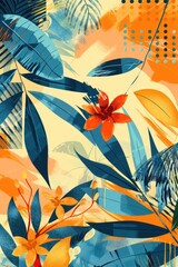 Wall Mural - A colorful painting of a tropical forest with a large orange flower in the center. The painting is full of vibrant colors and has a lively, energetic feel to it