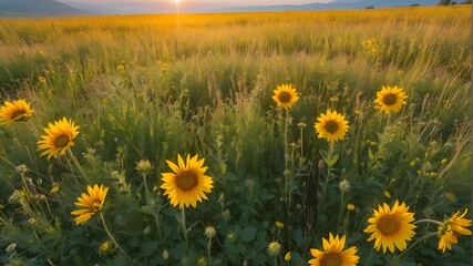 Poster - Sunflower on a meadow in the light of the setting sun, sunflower, meadow, light, setting, sun, flower, plant, sunset, yellow, agriculture, blossom, summer, nature, sunlight, countryside, farm, beauty