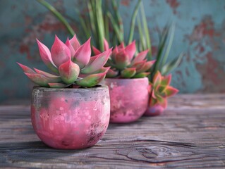 Wall Mural - Three pink vases with green leaves sit on a wooden table. The vases are arranged in a row, with the middle one slightly taller than the other two. Scene is calm and serene, with the pink