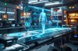 futuristic medical lab with holographic displays showing detailed anatomy, showcasing advanced technology in medicine and health care, medical technology concept