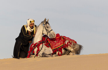 Wall Mural - Saudi Man with his white stallion in a desert