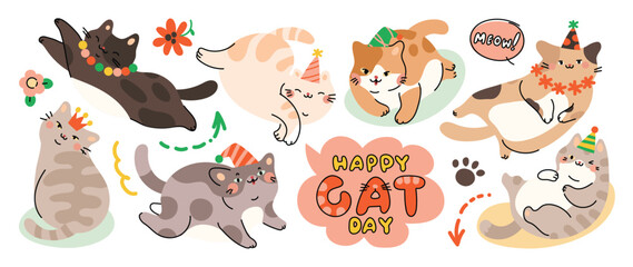 Wall Mural - Cute cats and funny kitten doodle element vector. Happy international cat day characters design collection with flat color in different poses. Set of adorable pet animals isolated on white background.