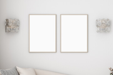 Mockup poster in living room and two frame A4, 3d render