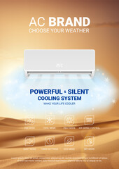 Wall Mural - Ad poster of air conditioner. Realistic vector illustration with air conditioner with cooling air in hot desert. Modern split system climate control for home. Product mockup concept.