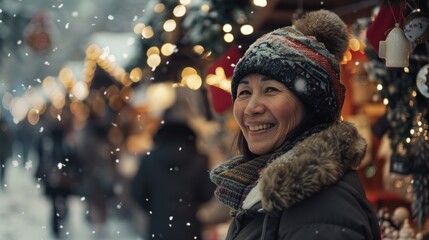 Sticker - A woman stands at a Christmas market in with snow and lighted decorations in winter