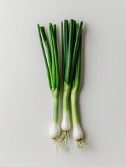 Wall Mural - Three green onions are displayed on a white background. The onions are fresh and ready to be used in a meal