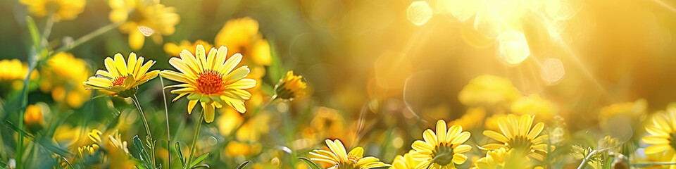 Wall Mural - banner Yellow flowers like Jerusalem artichokes backlit by sun rays on a summer meadow with warm light