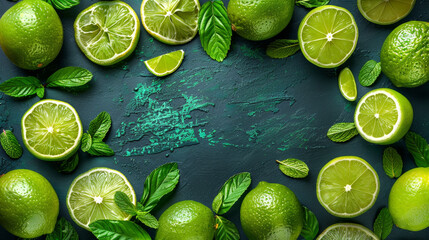 Poster - Vibrant green limes and fresh slices arranged on a dark green background.