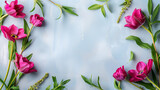 Fototapeta Tulipany - Flower Frame, Pink Elegance: Florals on Frosted Glass, AI Generated