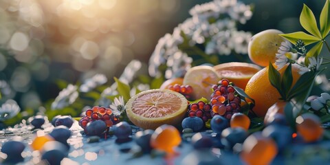 Poster - A close up of a fruit salad with oranges, blueberries, and grapes. The fruit is arranged in a way that makes it look fresh and inviting. Scene is cheerful and healthy