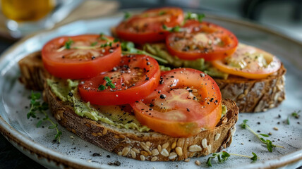 Wall Mural - Avocado toast with tomatoes on plate.