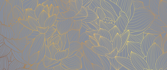 Poster - Luxury golden lotus flower line art background vector. Natural botanical elegant flower with gold line art. Design illustration for decoration, wall decor, wallpaper, cover, banner, poster, card.