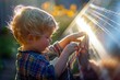 Young boy fascinated by the concept of renewable energy, gently touching a solar panel as the sun sets in the background