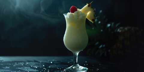 Wall Mural - A glass of white liquid with a pineapple slice on top. The drink is served in a tall glass and is topped with a red fruit slice. The image has a dark and moody atmosphere, with a blurry background