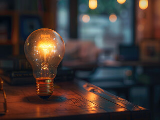 Wall Mural - A light bulb is lit up on a table. The light is bright and warm, creating a cozy atmosphere. The table is cluttered with books and a laptop, suggesting a busy and creative environment