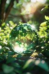 Wall Mural - A green glass sphere is sitting on a rock in a lush green forest. The sphere is surrounded by leaves and branches, creating a sense of harmony and balance between the natural world