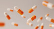 Orange and white pills fallen in mid-air on a beige background. Dynamic pharmaceutical concept. Design for medical banner, health supplement advertisement, pharmacy brochure.