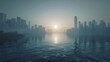 A city skyline with a foggy sky and water, AI