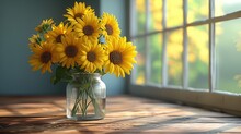 Bouquet Of Sunflowers In A Glass Vase