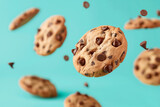 Fototapeta  - chocolate chip cookies floating in the air, space for copy.