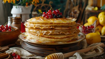 Canvas Print - Delicious stack of golden pancakes adorned with berries, rustic kitchen scene. ideal for a cozy breakfast or brunch. warm, inviting, homemade goodness. AI